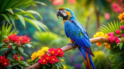 Vibrant blue headed macaw with colorful feathers perched on a branch in a lush tropical environment surrounded by green leaves and vibrant flowers, nature, tree branch