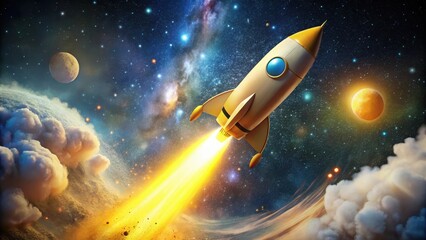 Naklejka premium Space Toy Rocket Soars Through Galaxy, yellow, stars, yellow, stars, flight, cosmos,space, astronomy, space travel