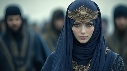 Royal Adornment: An arresting portrait of a woman, adorned in a regal veil and intricate crown, confidently leading a procession of figures through a historical scene.