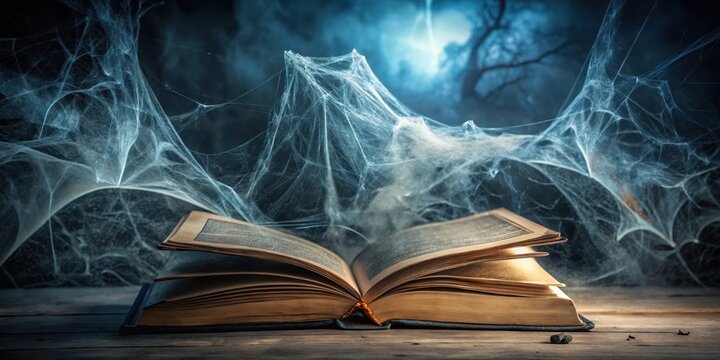 A spooky Halloween book with illuminated pages and a dark