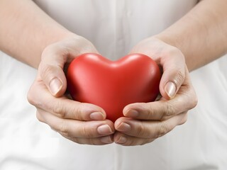 Fototapeta premium Two hands gently cradling a vibrant red heart