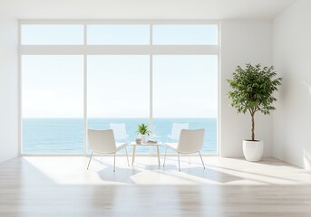 A bright room with two chairs and a table facing a large window overlooking the ocean and a potted plant