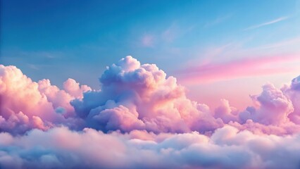 Soft pink clouds drift lazily across a serene blue sky, with a few wispy strands of white cloud peeking through the soft pink hue , serene scenery, gentle fog