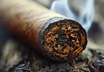 A close-up of a lit cigar with swirling smoke, blurred background, creating a luxurious and relaxed atmosphere.