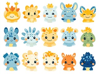 Fototapeta premium Cute cartoon animal illustrations set on white