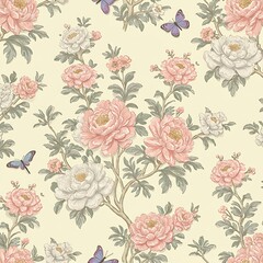 Fototapeta premium Blushing Peonies & Flutterby Dance: A Botanical Print AI Generated
