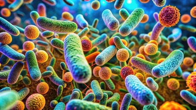 Close-up image of individual, vibrant bacteria displaying complex cellular architecture under bright field microscopy, cell structure, cell wall