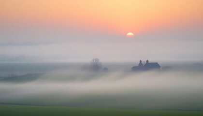 Misty Sunrise Landscape: Farm in Serene Pastel Hues