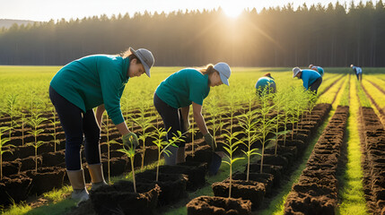 Volunteers in a field planting saplings in neat rows, with soft sunlight casting a warm glow over the scene, highlighting the importance of reforestation and environmental stewardship.