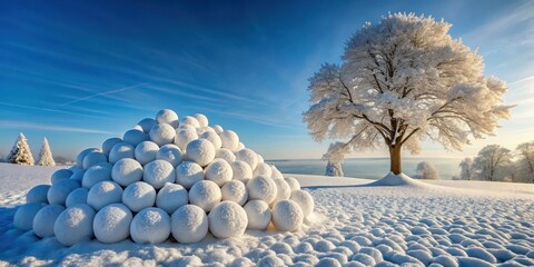 A frosty landscape with a large pile of snowballs at the base of a frozen tree , snowballs, snow-covered