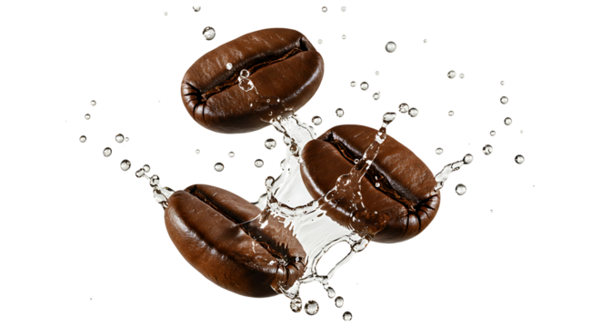 Coffee Beans with Water Splash Isolated on Transparent Background