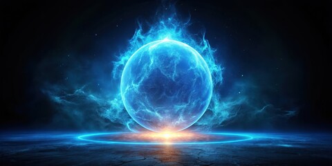 Fototapeta premium Mysterious celestial body emitting a vibrant blue glow on a dark background, surrounded by an aura of energy and mystique, isolated on black ground, cosmic glow