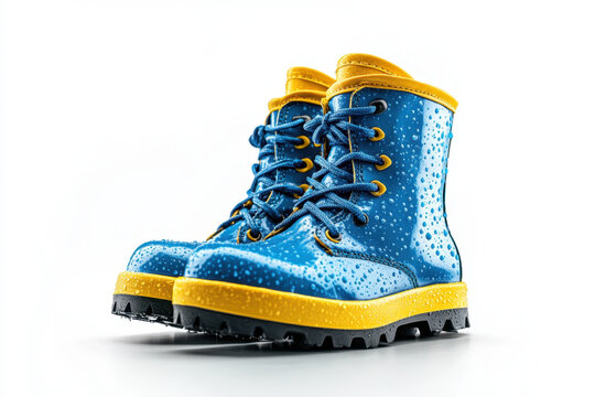 Blue and yellow rain boots on wet pavement, surrounded by fallen autumn leaves, with a soft reflection of colorful trees in a puddle.