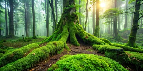 Dense green moss carpet on a weathered wooden tree trunk, overgrown with vines and ferns, in a misty forest atmosphere, surrounded by towering trees and foliage , wood, moss growth