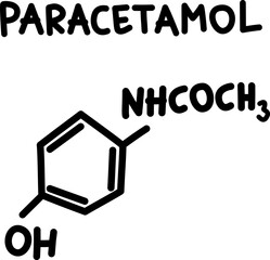 Hand drawn chemical structural formula of paracetamol or acetaminophen, medical analgesic drug. Chemical formula C8H9NO2.