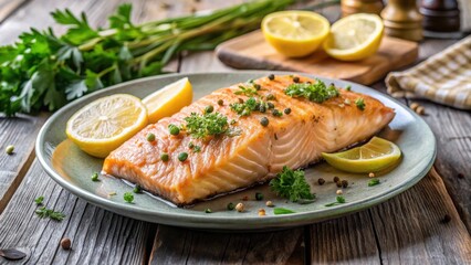 Fresh salmon fillet baked in a golden-brown oven, served with a sprinkle of parsley and dill on a plate garnished with lemon wedges, fish dish, kitchen