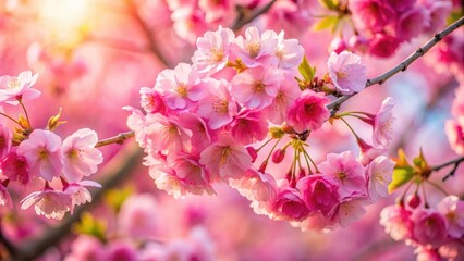 A close-up shot of bright pink cherry blossom branches with delicate petals unfolding in the morning light, revealing intricate details and soft textures , colorful blossoms, spring bloom