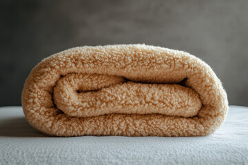 Pile of colorful towels neatly arranged on a cozy bed, adding a pop of vibrant texture to the room.