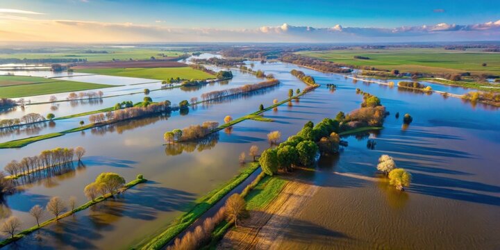 Aerial view of flooded fields in the countryside near Dobrany with swollen rivers and overflowing dikes, rural, swamps