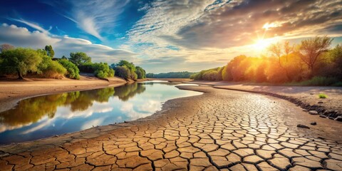 A serene river landscape with dry riverbed and cracked earth