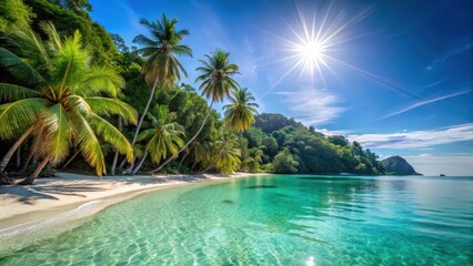 idyllic beach scene with swaying palm trees and crystal-clear waters in the Mergui Archipelago, sun, paradise,  sun