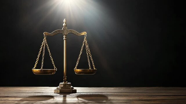 Symbol of Justice and Balance: A classical scale, symbolising fairness, equilibrium, and ethical conduct, is placed on a wooden table against a dark backdrop with a dramatic beam of light.