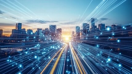 Cityscape sunrise, data streams, highway, network, technology, futuristic, connection, progress, illustration, website