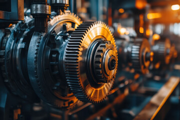 Obraz premium Close-up of gear wheel in factory setting, showing intricate details and industrial machinery in the background.