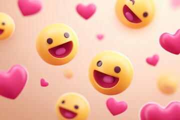 Floating happy faces and hearts in a light peach background.