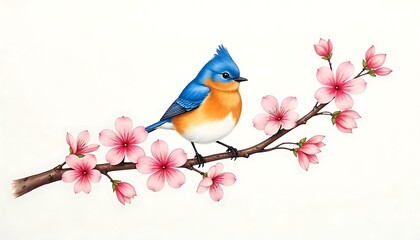 Bluebird on Cherry Blossom Branch Spring - Watercolor style created with generative ai