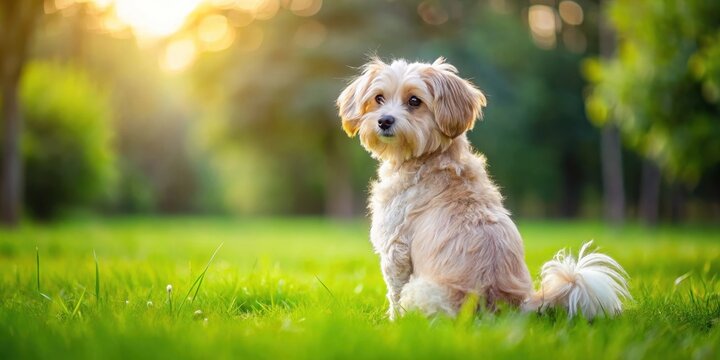 A small mix-breed dog sitting on a lush green grass lawn with its back towards the camera