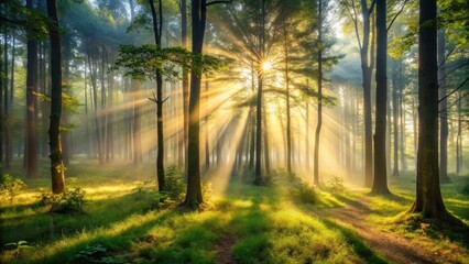 Obraz premium Dense forest with misty atmosphere at dawn, light beams filter through trees creating intricate shadows and highlights on the forest floor , atmospheric effects, nature scene