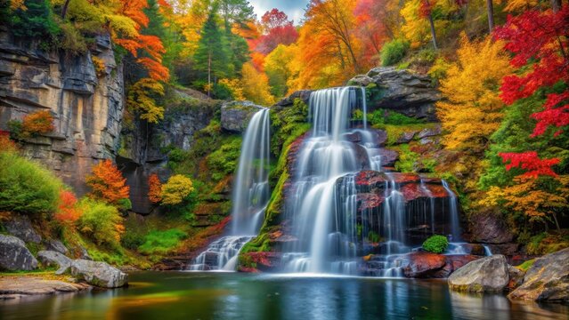 Autumn foliage and water cascading down a rocky cliff side with lush greenery and vibrant autumn colors in harmony