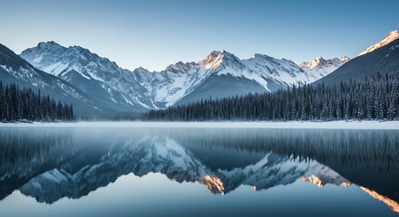Snowy mountains reflecting on a calm lake surrounded by a forest under a clear blue sky view scene