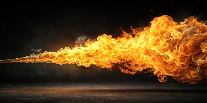 A flamethrower spews a stream of flames onto a dark surface, creating a dramatic and intense visual effect, set against a stark black backdrop, firearm, flamethrower