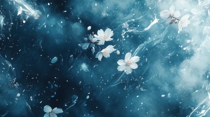 Frozen blossoms drift amidst a muted, ethereal backdrop.