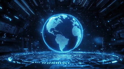 A digital Earth model glowing in blue with a grid and light points on its surface, set against a deep black background with a halo effect, creating a tech-savvy and global atmosphere.