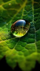 Water Droplet on Green Leaf Closeup Macro Photography