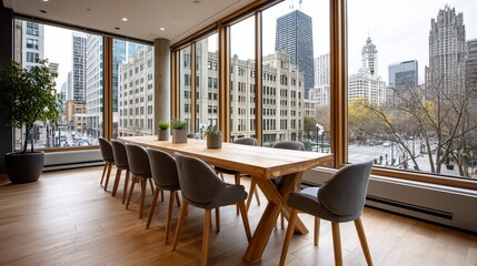 Obraz premium Modern dining room with city views. Spacious and bright