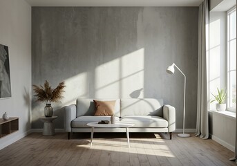 A living room with a gray sofa, a white coffee table, and a floor lamp near a window with curtains