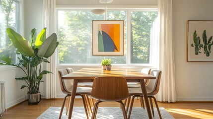 Fototapeta premium Interior Elegance: A bright and airy dining room filled with natural light features a stylish wooden table and chairs, enhanced by tasteful artwork and a thriving indoor plant.