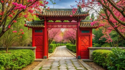 Fototapeta premium A stunning red Chinese gate adorned with delicate plum blossom motifs, vibrant greenery, and a serene stone pathway leading to the entrance, red gate, chinese garden