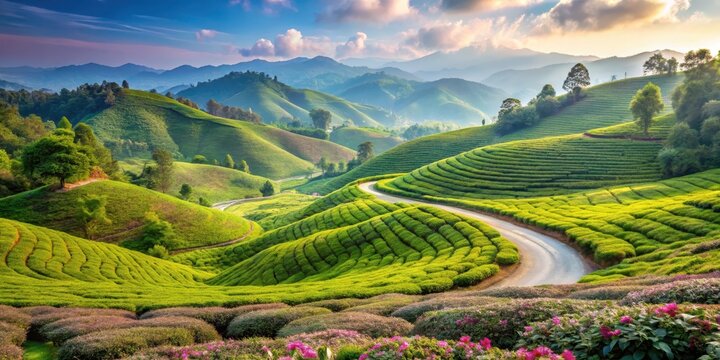 Rolling hills of tea gardens stretch towards the horizon as a winding road meanders through lush greenery and vibrant wildflowers , serene landscape , siliguri