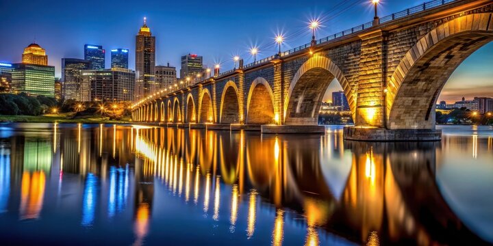 Darkened Stone Arch Bridge at night, illuminated by city lights, with a reflection on the Mississippi River