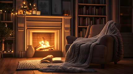 Cozy Comfort: A warm living room scene invites relaxation with a crackling fireplace, a comfy armchair draped with a knitted blanket, books and soft lighting.