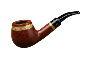Classic Wooden Tobacco Pipe with Black Stem and Gold Details – High-Resolution PNG