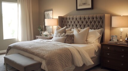 Serene Master Bedroom: Elegant neutral tones create a tranquil atmosphere in this luxurious master bedroom. Featuring a tufted headboard, plush bedding, and soft lighting.