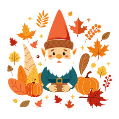 Naklejka premium A gnome sitting on a pumpkin with Thanksgiving decorations clipart, cozy autumn vibes, digital painting, isolated on white background 