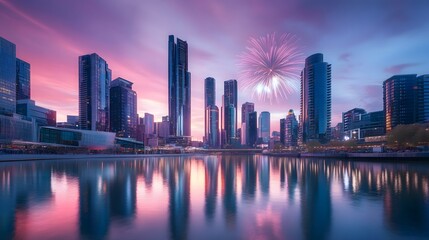 Obraz premium Cityscape Celebration: A vibrant cityscape mirrors in the tranquil water, under a sky exploding with fireworks, creating a stunning visual of urban life and celebration.