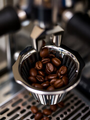 Coffee beans being tamped in a portafilter for brewing a rich espresso shot